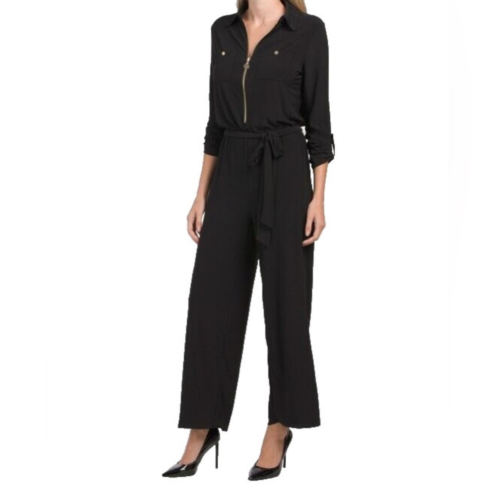Anne Klein V-Neck Golden Stretchy Zip Up Long Sleeve Black Jersey Jumpsuit